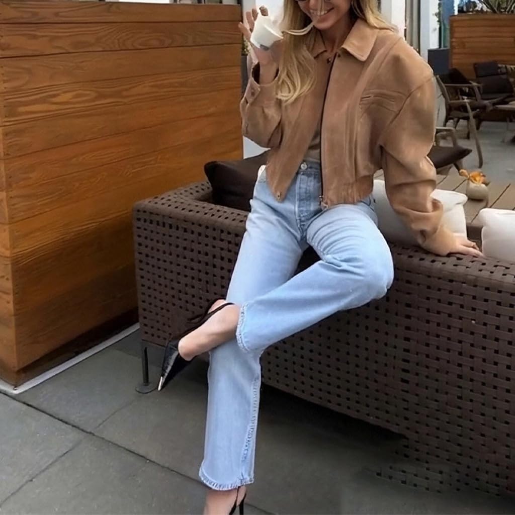 Cropped Jacket Women Faux Suede Long Sleeve Lapel Zip Up Brown Suede Jacket Women 2025