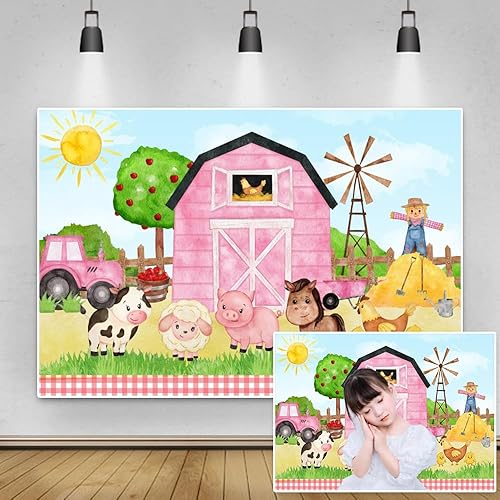 Miniatura 2 de Fondo de fiesta de animales de granja de dibujos animados de 7 x 5 pies, granero rosa, para niñas, baby shower, cumpleaños, fotografía, fondo,