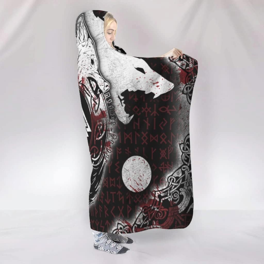 Viking Wolf Super Soft Norse Throw Plush Fleece Wearable Hoodie Blanket for Women and Men - White (80x60in/150x200cm)