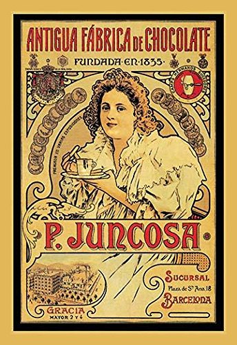 Advertising poster for the Spanish company Chocolates E Juncosa also known as F?brica de Chocolate de Evaristo Juncosa Chocolate E Juncosa or just Chocolate Juncosa A woman sits a beautiful art deco