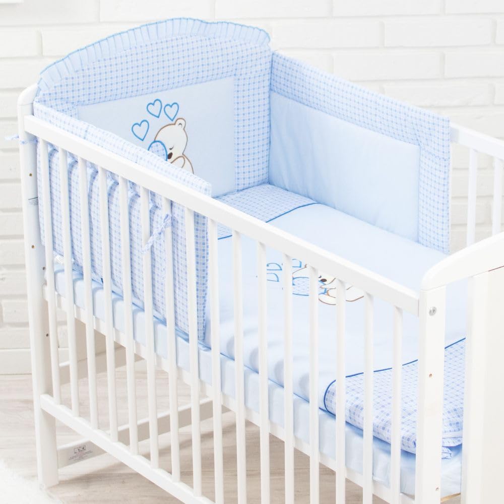 Generisch 12-Teiliges Kinderbett mit Matratze, Teddybär mit Herz, Blau | Bettzeug inklusive, Zubehör inklusive