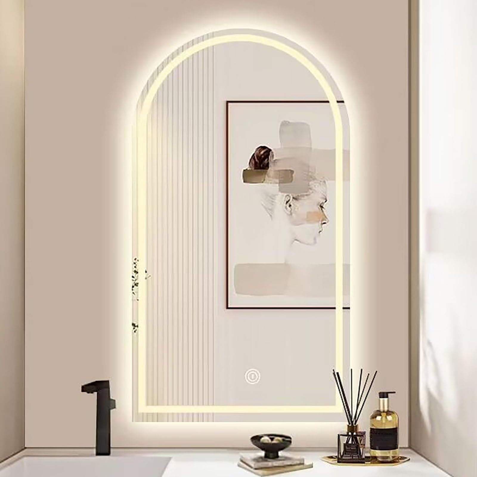 FGXHHS Arched LED 40x70cm - Wall Mounted Irregular Vanity with 3 Colour Lighting Illumination, HD Glass Hanging Decor for Bathroom, Bedroom, Living Room, Entryway