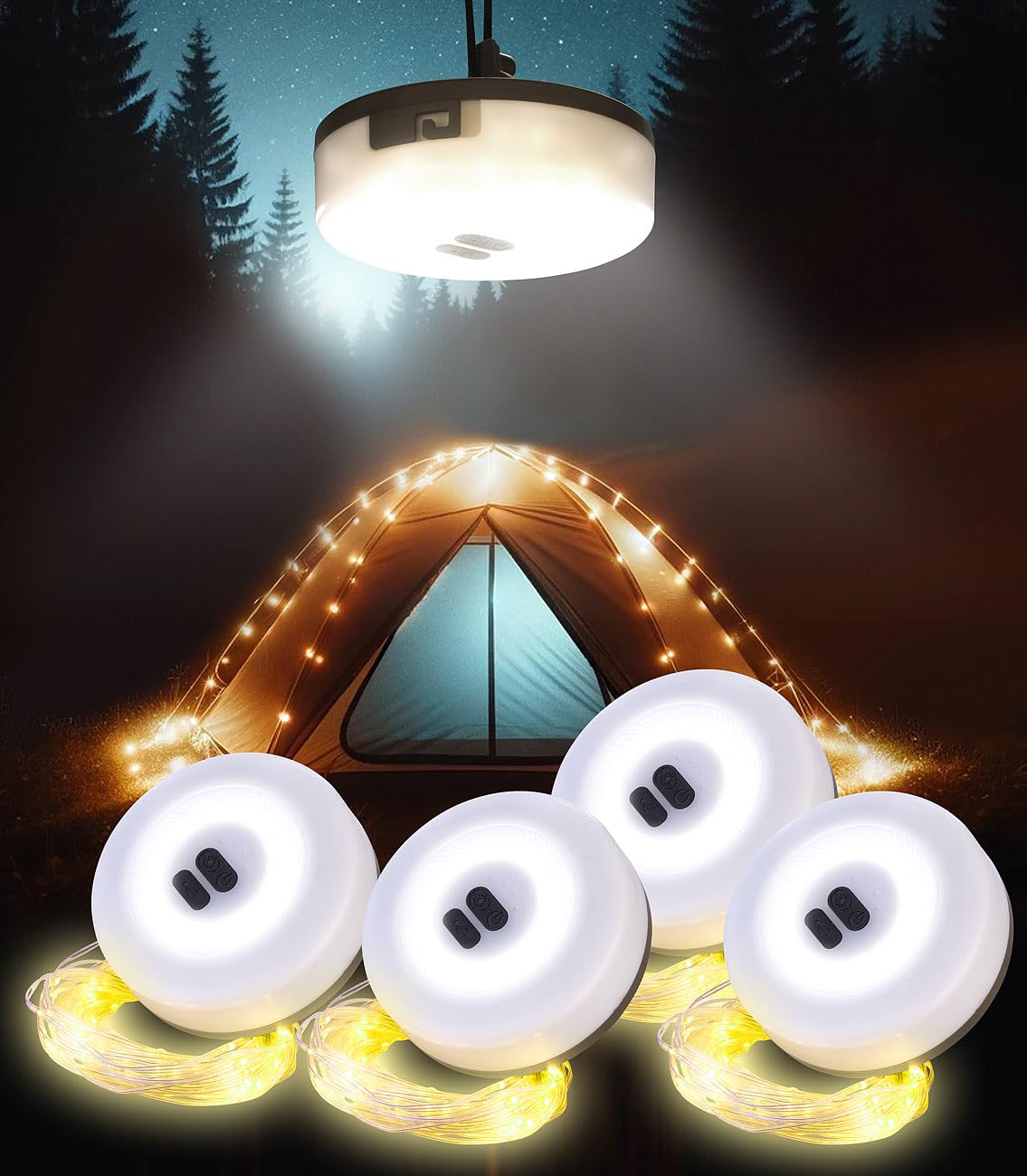 Lunartec Camping Lampe USB: 4er-Set 2in1-Akku-Campingleuchte mit Lichterkette, 6 Modi, IPX4, 10m (LED Lichterkette außen warmweiß, USB LED Lampe Camping)