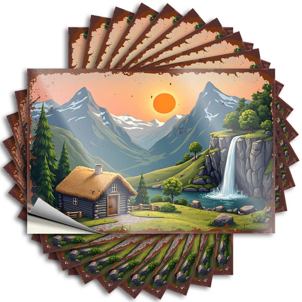 Bumper Accent Vinyl Decals, Rubber Waterproof Window Stickers for Water Bottle | Sunset Serenity: Cabin By The Waterfall in The Mountains Perfect for Billiard Laptop Decor(12X18CM)