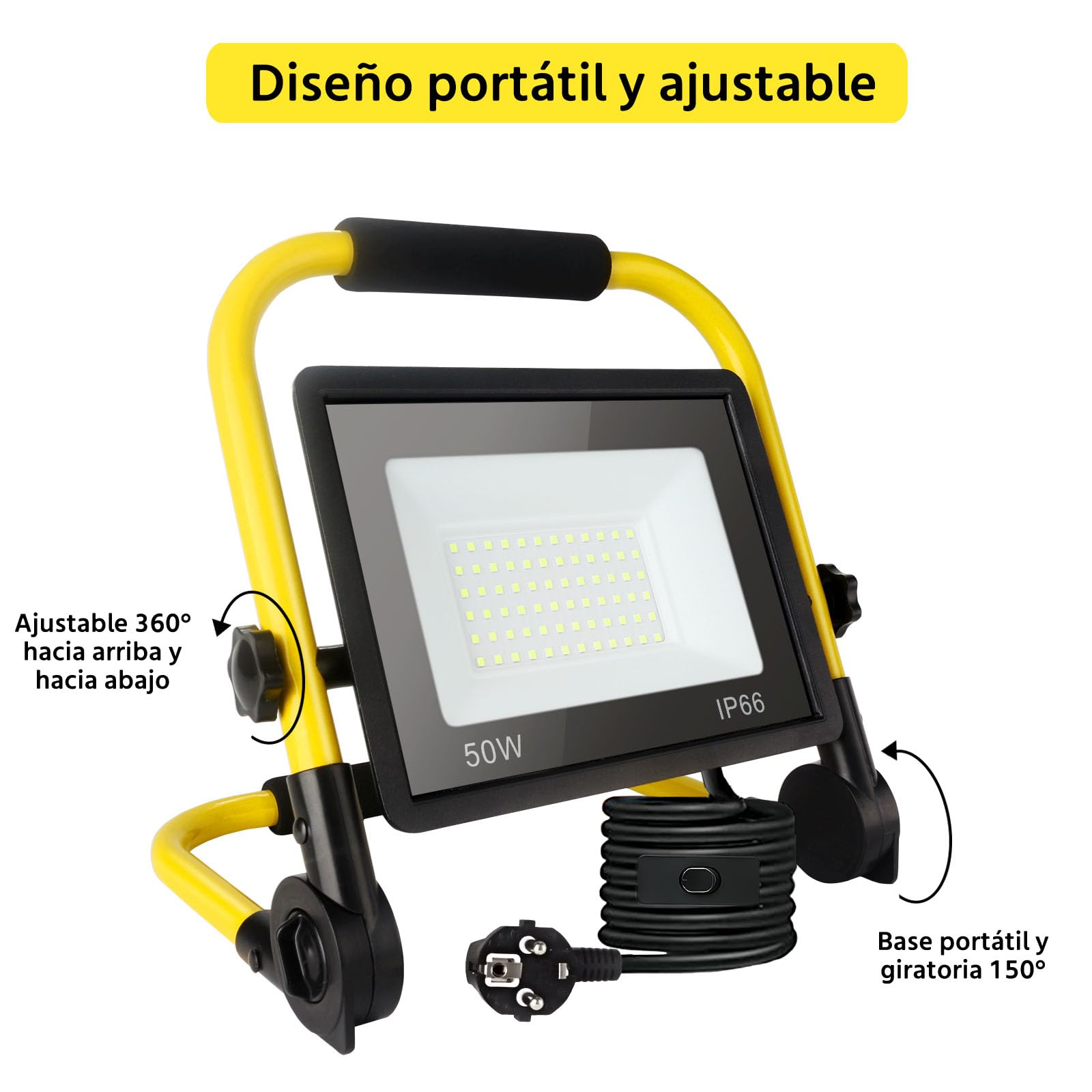 Luz de trabajo LED de 50 W, luz de trabajo súper brillante de 5400 lm, reflector portátil de 6000 K, luz blanca diurna, IP66 impermeable, luces de construcción con cable de 3,5 m, enchufe e