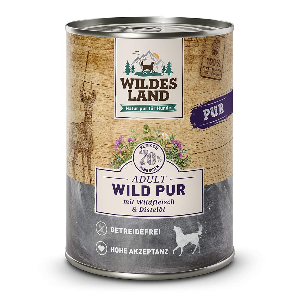 Wildes Land - Wild PUR - 12 x 400 g - Mit Distelöl - Nassfutter für Hunde - Hoher Fleischanteil - Getreidefrei und Glutenfreies Hundefutter