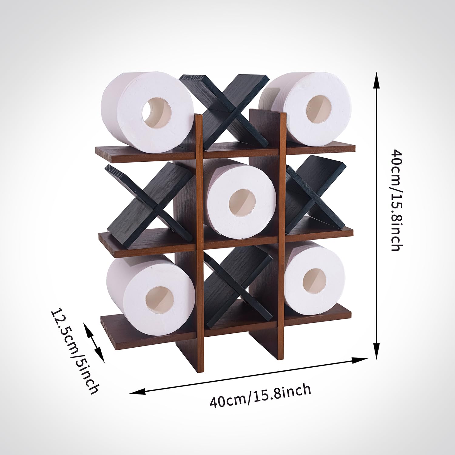 DAOYOUSKY Tic Tac Toe - Soporte de papel higiénico con 4 piezas de madera X, rústico montado en la pared, organizador de almacenamiento de papel higiénico con estante, decoración de baño de invitados,