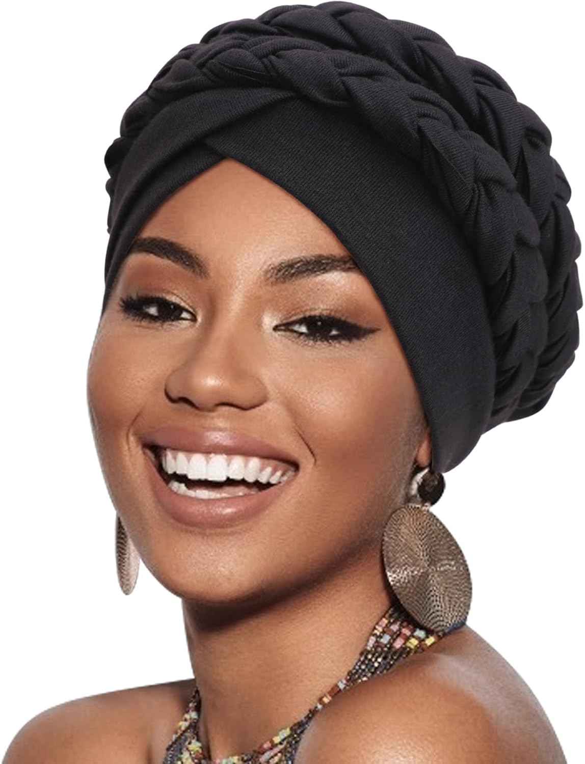 DRESHOW African Women Turban Caps Cotton Beanie Twist Headscarf Pre-Tied Double Twisted Braids Wrap Hat Chemo Cancer Cap