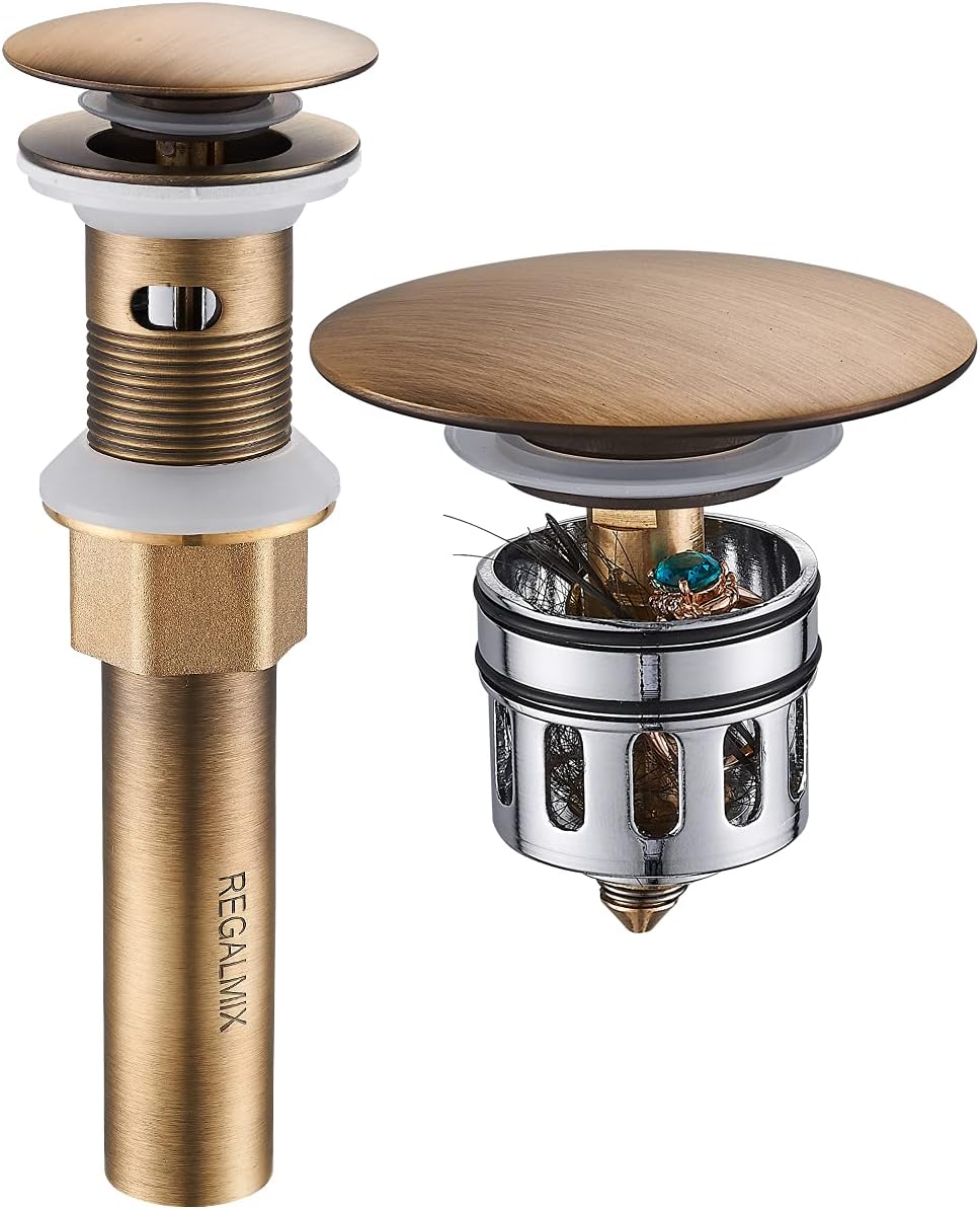 REGALMIXAntique Brass Pop Up Bathroom Vessel Sink Drain Stopper,Built-In Anti-Clogging Strainer, Fits Standard American Drain Hole(1-1/2" to 1-3/4"), with Overflow RWF083R