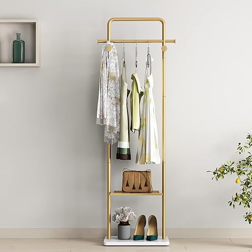 Miniatura 10 de TIEOU Percheros dorados con estante, percheros dorados resistentes para boutiques, perchero de metal independiente para colgar ropa, perchero 1