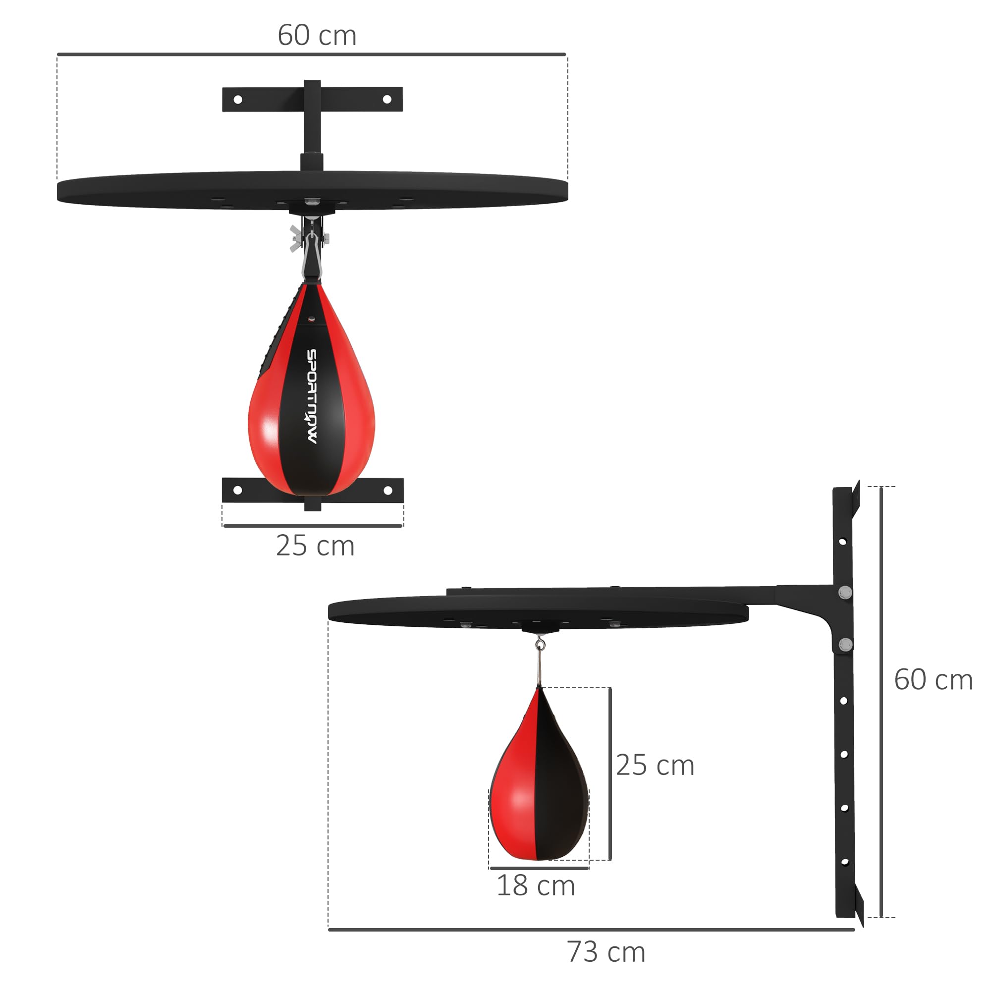 SPORTNOW Plateforme Murale avec Poire de Vitesse, Sac de Frappe, pour entraînement de Boxe, pivotant à 360° Hauteur Ajustable, Noir et Rouge