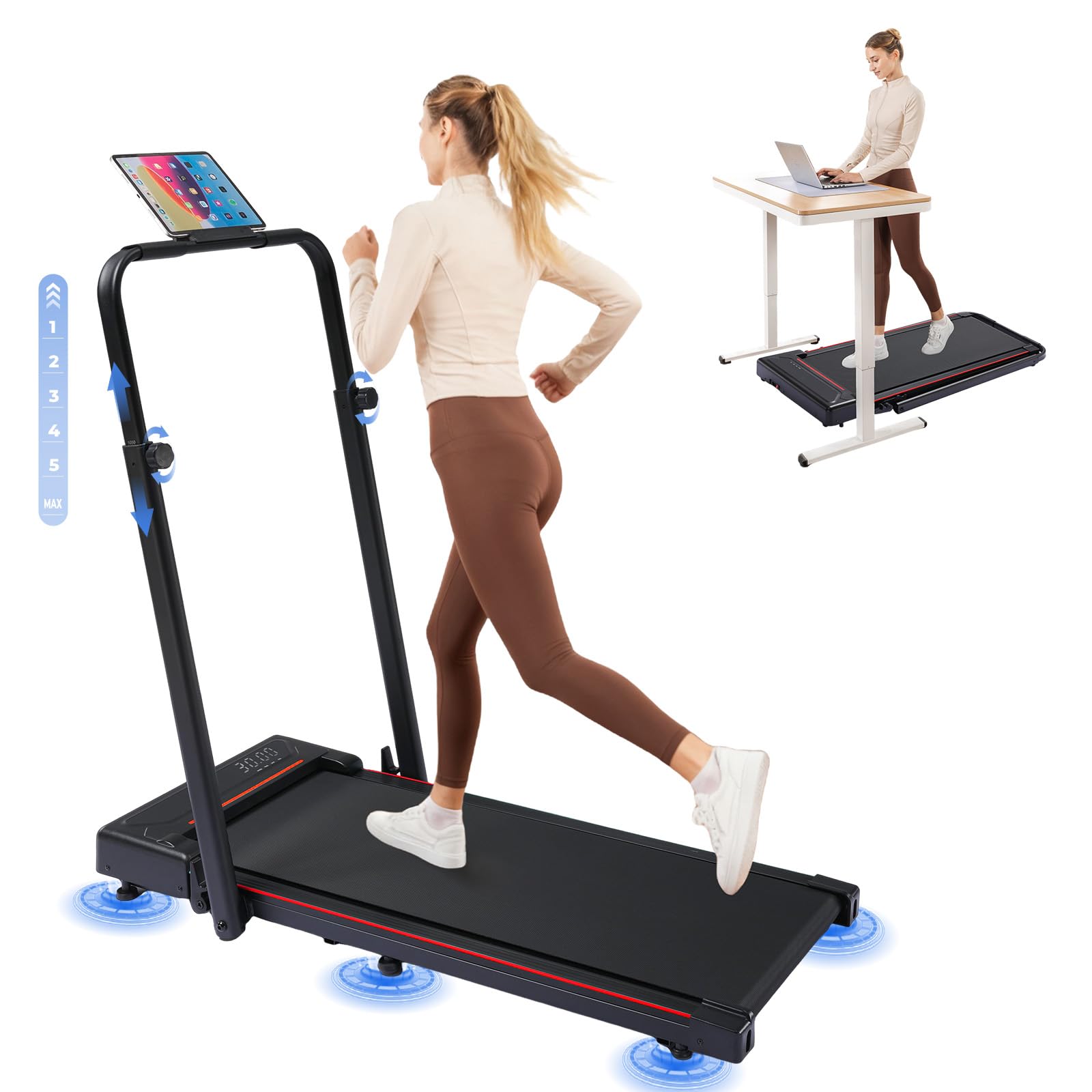 GORISE Walking Pad Treadmill with Adjustable Height Handle Bar and Incline, 3HP Quiet Foldable Under Desk Treadmill, Portable Treadmills for Home