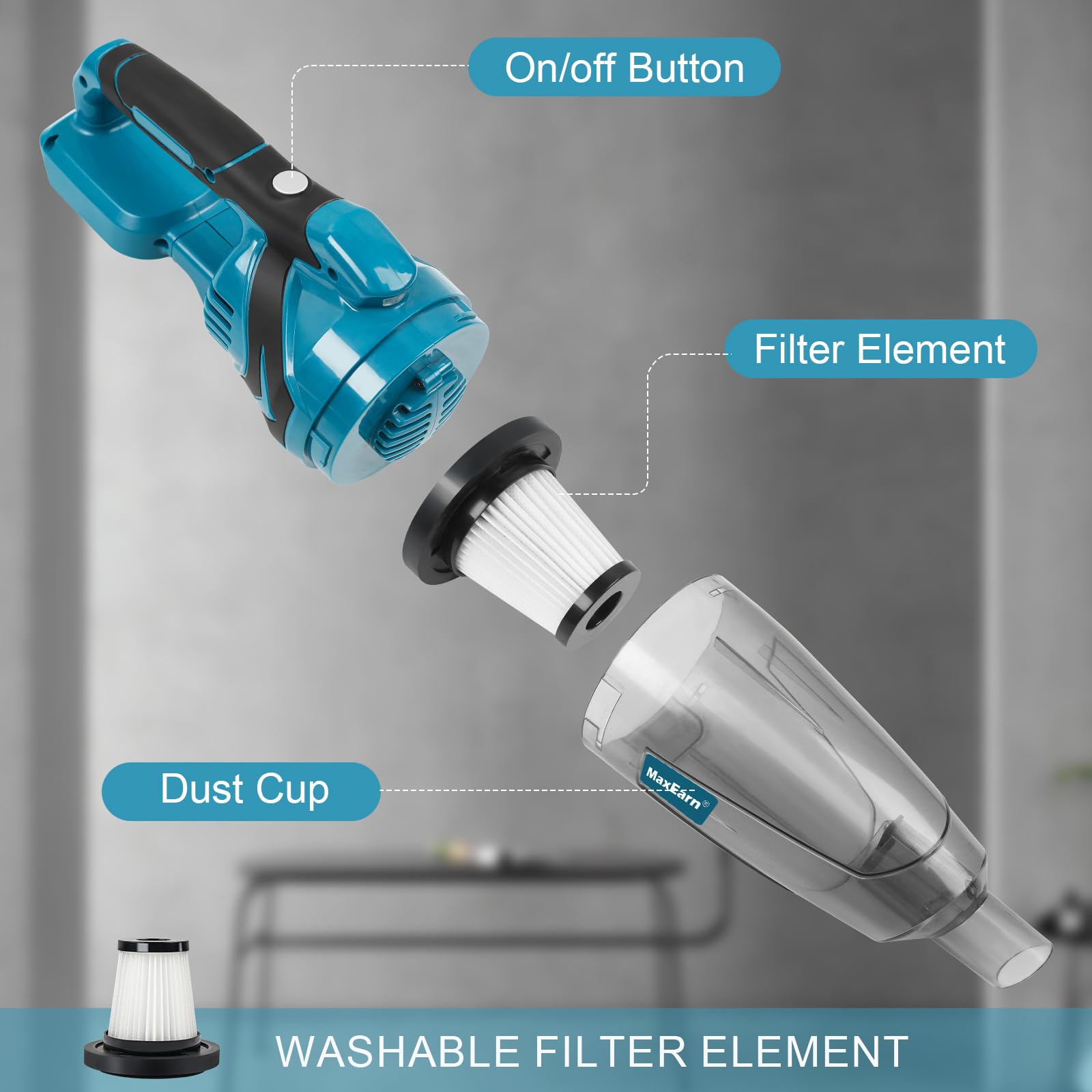Aspiradora con batería para Makita 18 V, 10500 Pa, aspiradora de mano portátil, 140 W de potencia, aspiradora de coche con 4 cabezales de cepillo, mini aspirador de mano para casa, coche (sin