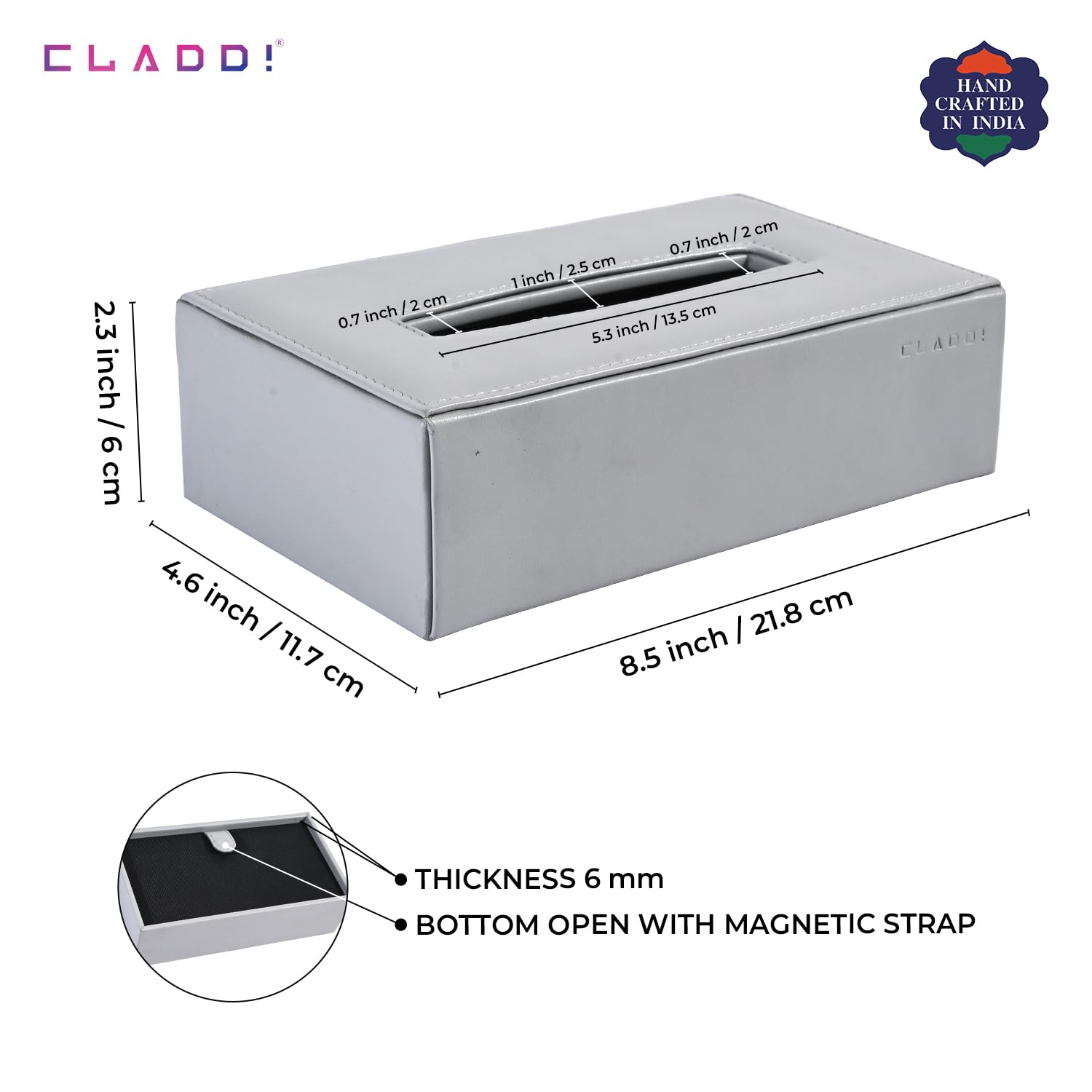 CLADD INTERNATIONAL Vegan Leather Handcrafted Rectangular Tissue Paper Box Cover | Regular Facial Napkin Holder | Organizer Case | Office Desk Gift Home Table Decor Car Hotel & Restaurant | Grey 3
