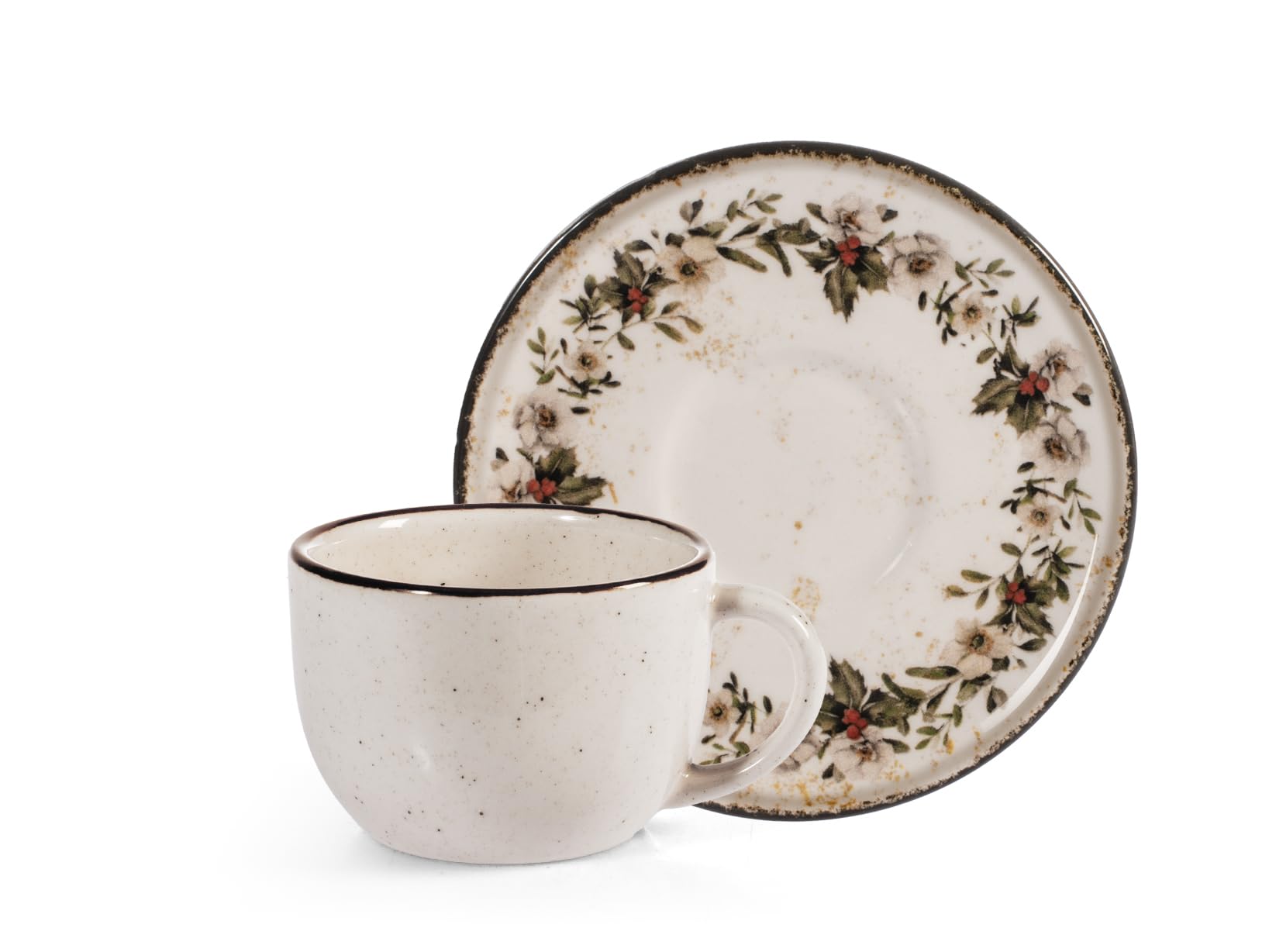 H&H Set of 4 Stoneware Coffee Cups with Saucers - 115cc - Beige Dotted, Nordic Garland Decoration with Christmas Wreath, Perfect for Christmas Time