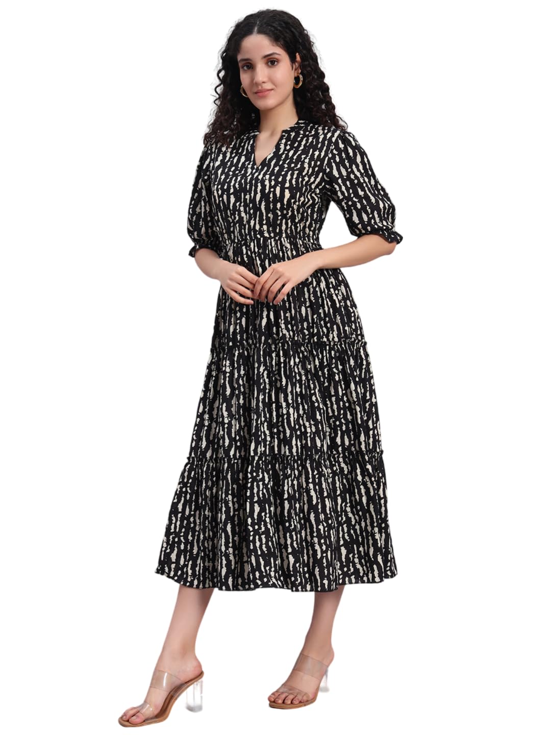 PIDAVLIYA'S Women's Floral Summer Maxi Dress I Cotton Printed I One Piece Bodycon Midi Dress with V-Neck, Puffed Sleeves (in, Alpha, M, Regular, Black)