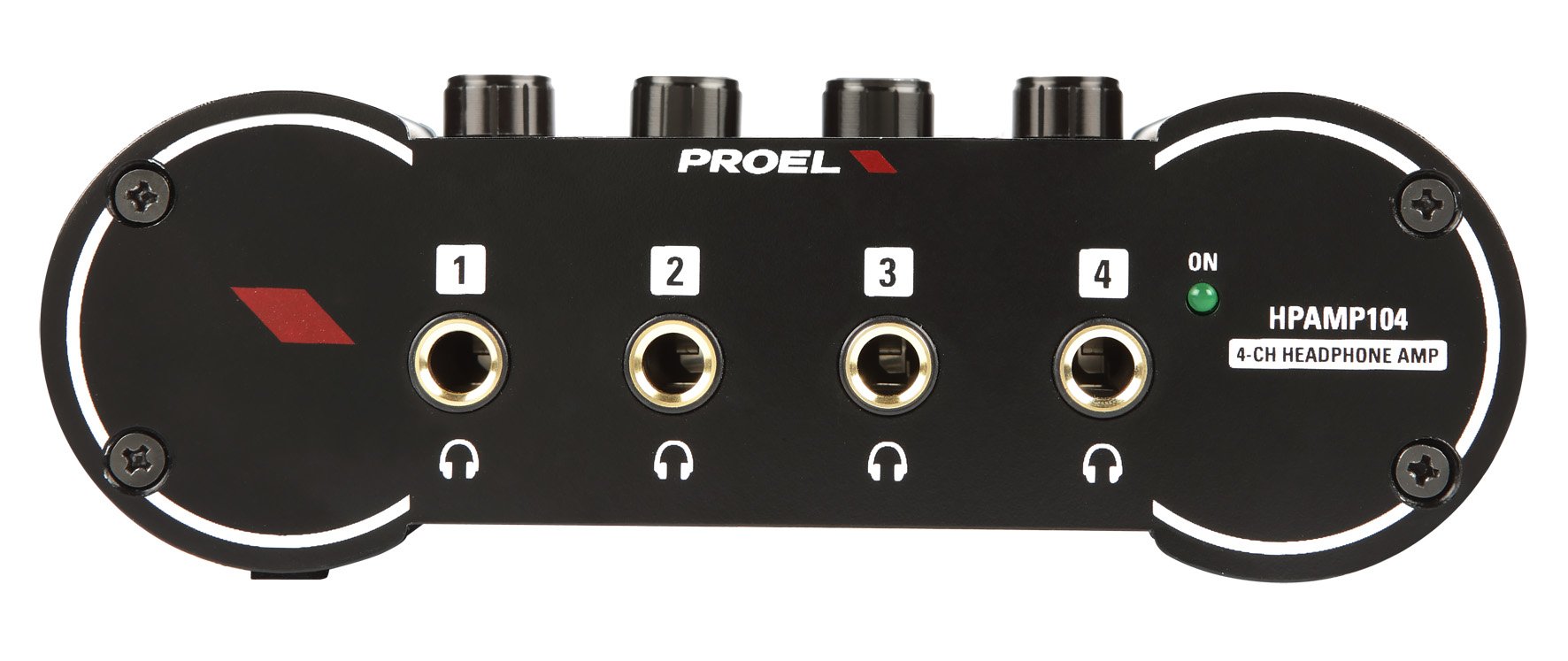 PROEL HPAMP104 - Amplificatore professionale per cuffia, compatto, Ingressi ¼” JACK + RCA stereo/mono. - 4 x Uscite cuffie ¼” JACK stereo con controlli di volume individuali, Nero