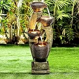 Naturefalls 40” H Modern Outdoor Fountain - 4 Crocks Outdoor Garden Fountains with Contemporary Design&LED Light for Garden, Patio, Deck, Porch, Backyard and Home Art Decor (Brown and Gray, 40inches)