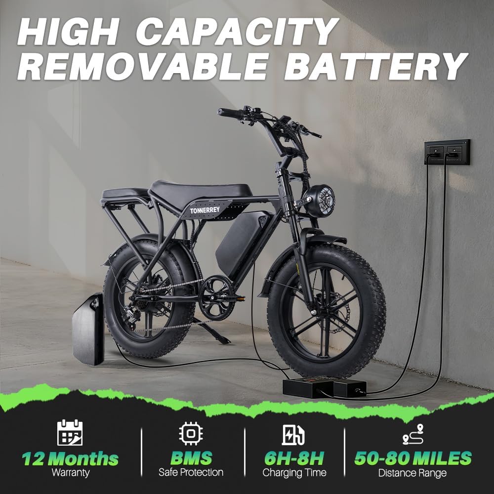 T8 Electric Bike for Adults, 1500/3000W Peak Motor 28MPH 80/120 Miles Fat Tire Moped Style Ebike with Long Range Removable Battery 20" Electric Dirt Bike Suspension Dual Seat and Shimano