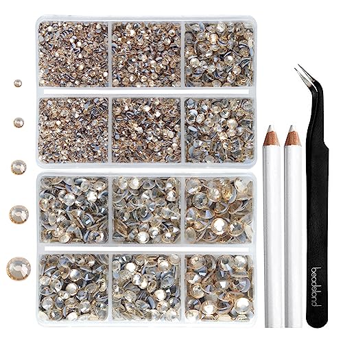 Image of 6736pcs Hotfix Rhinestones Flatback,Gold Rhinestones for Crafts Clothes Mixed 5 Sizes, Hotfix Crystals with Tweezers and Wax Pencil Kit, SS6-SS30,Golden Shadow