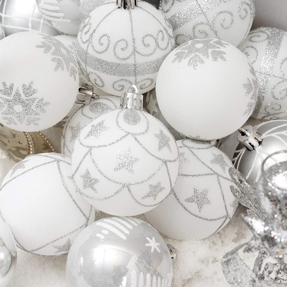 décoration de Noël 24pcs Boules de Noël 6cm Ornements décorations d'arbre de Noël incassables Grande Boule de Boule en PVC Suspendue pour la fête à la Maison de Noël, Argent, 6cm