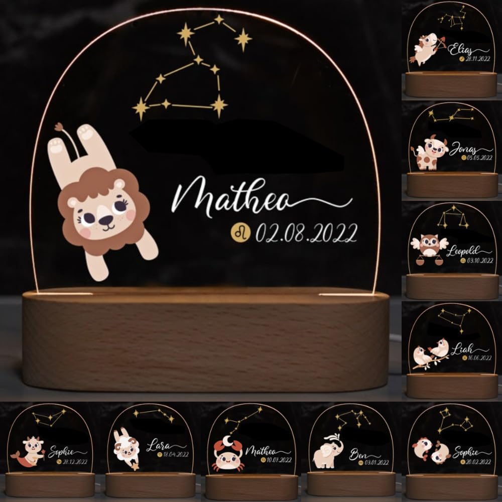 Fallover Personalised Wooden Base Night Light with Baby Name, Custom Lamp for Baby Boy Girl Nursery, Constellation Design, Baby Sleep Light, Christening Birthday Christmas Day Gifts (Constellation 07)