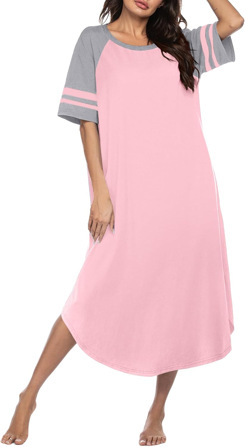 Ekouaer Nightgowns for Women Cotton Long Night Gowns Plus Size Moo Moos Short Sleeve House Dress Soft Sleep Shirts S-5XL