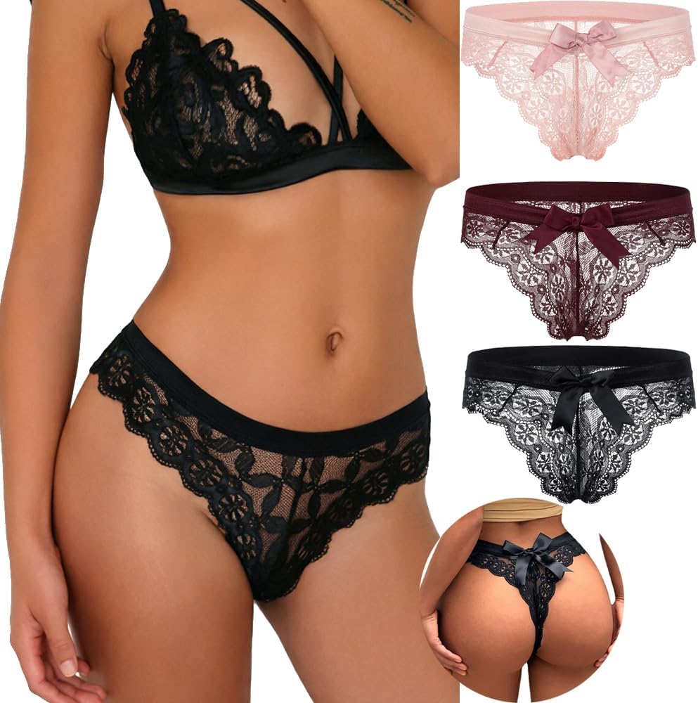 Women Lace Bow Thongs,T Back Low Waist Panties Sexy V-Shape Design Floral Lace,Breathable Panties for Women 3-Pack
