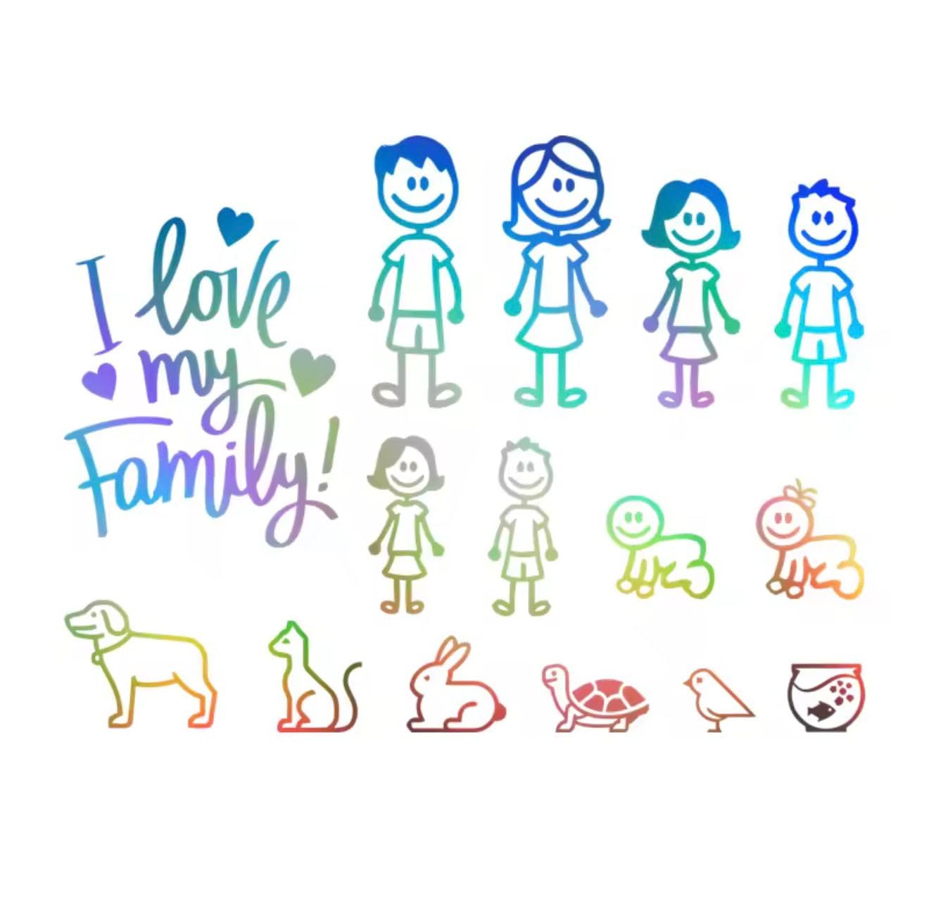Pegatinas Decorativas Personalizadas I Love My Family, Vinilos Adhesivos para Coche con Figuras de Familia, Mascotas y Texto, Calcomanías para Ventana de Vehículo (laser)