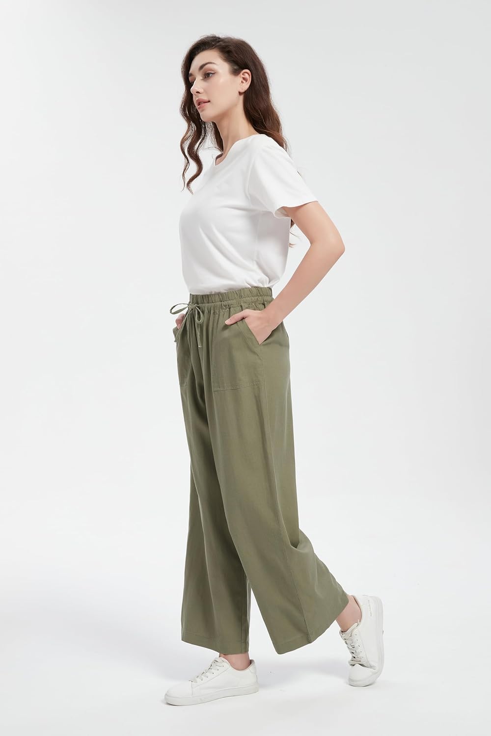 Tronjori Women Linen Blend Palazzo Pants Summer Boho Wide Leg High Waist Casual Lounge Pant with Drawstring - Image 5