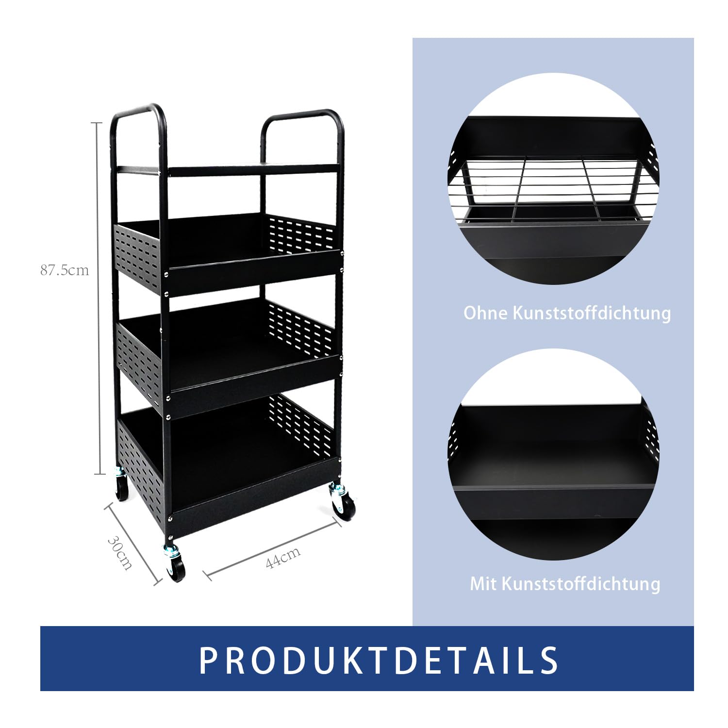 4-Etagen-Rollwagen aus Metall, abschließbare Räder, schwarz | Platzsparender Schwerlast-Rollwagen für Beauty, Basteln, Bücher, Tee, Kunst, Gemüse+Snacks, ideal für Bad, Küche, rollbar.