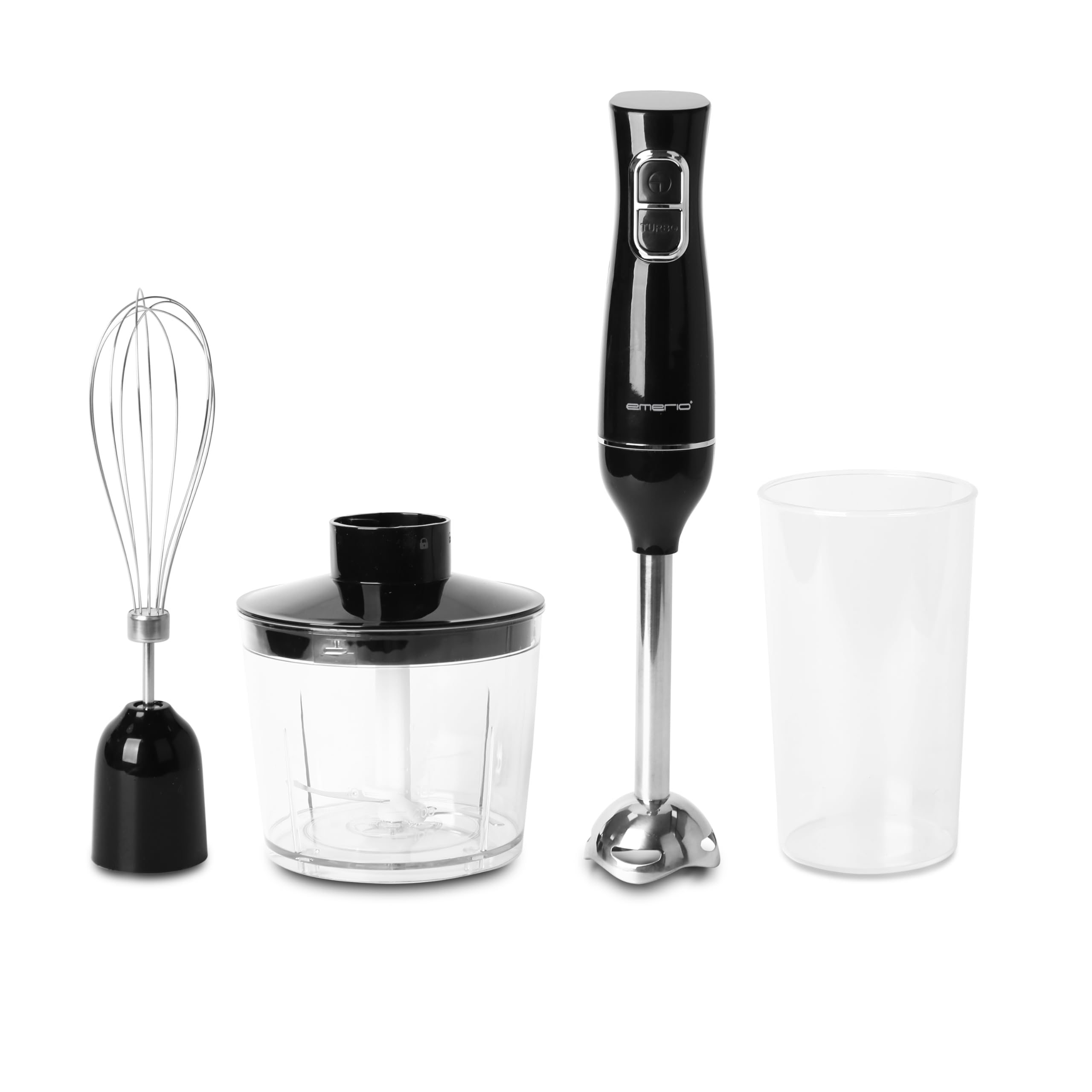 EMERIO HB-130492 blender ręczny 4 w 1 z 2 prędkościami + funkcja Turbo | stal nierdzewna | blender ręczny + trzepaczka + rozdrabniacz wielofunkcyjny 500 ml + kubek z miarką 700 ml | kabel 1,2 m |