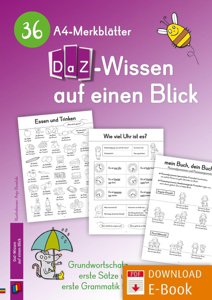 36 A4-Merkblätter DaZ-Wissen auf einen Blick: Grundwortschatz, erste Sätze und erste Grammatik für Deutschlerner