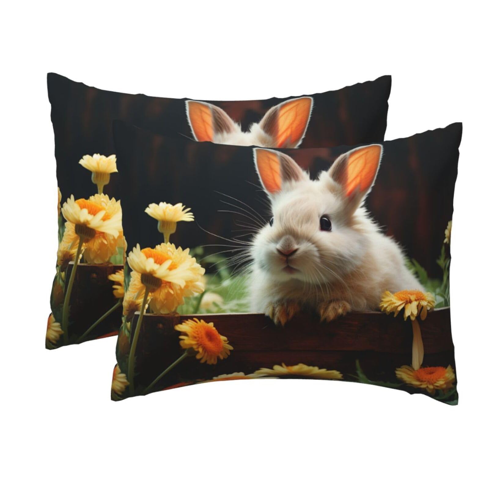 2 Pack Standard Pillow Cases with Hidden Zipper, Soft Breathable Pillow Covers for Hair and Skin, Rabbit and Flower Pillowcases 20"x26" Bed Pillow Protectors Cover for Sleeping Gifts