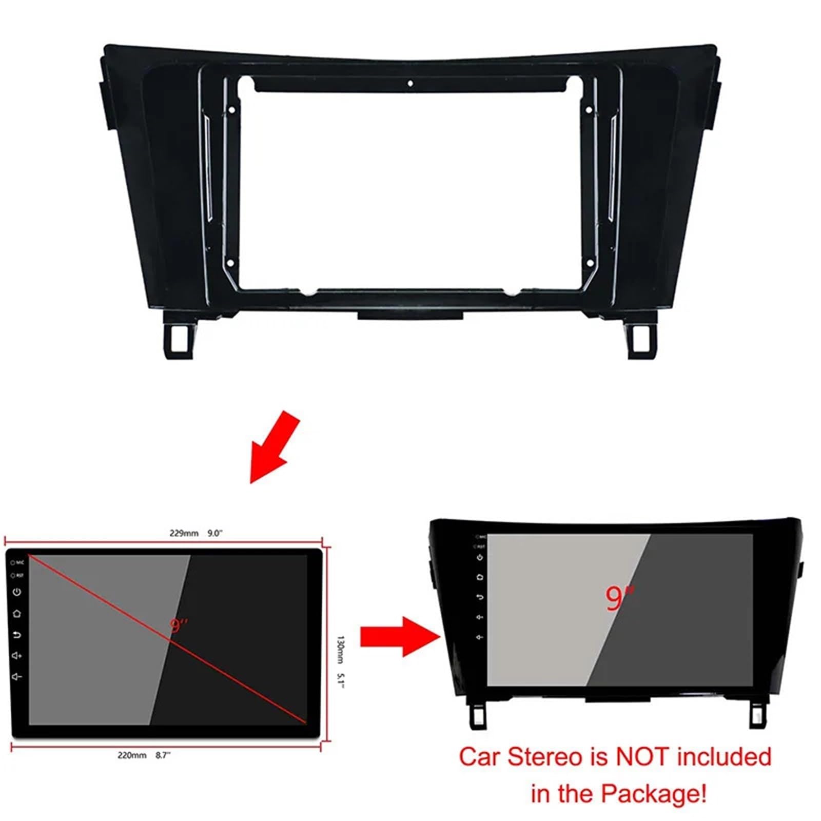 Pasuje do NISSAN Qashqai X-Trail 2015-2018 Panel przedni, montaż radia samochodowego 2din w desce rozdzielczej, zestaw adapterów 9 cali(Frame canbus cable)