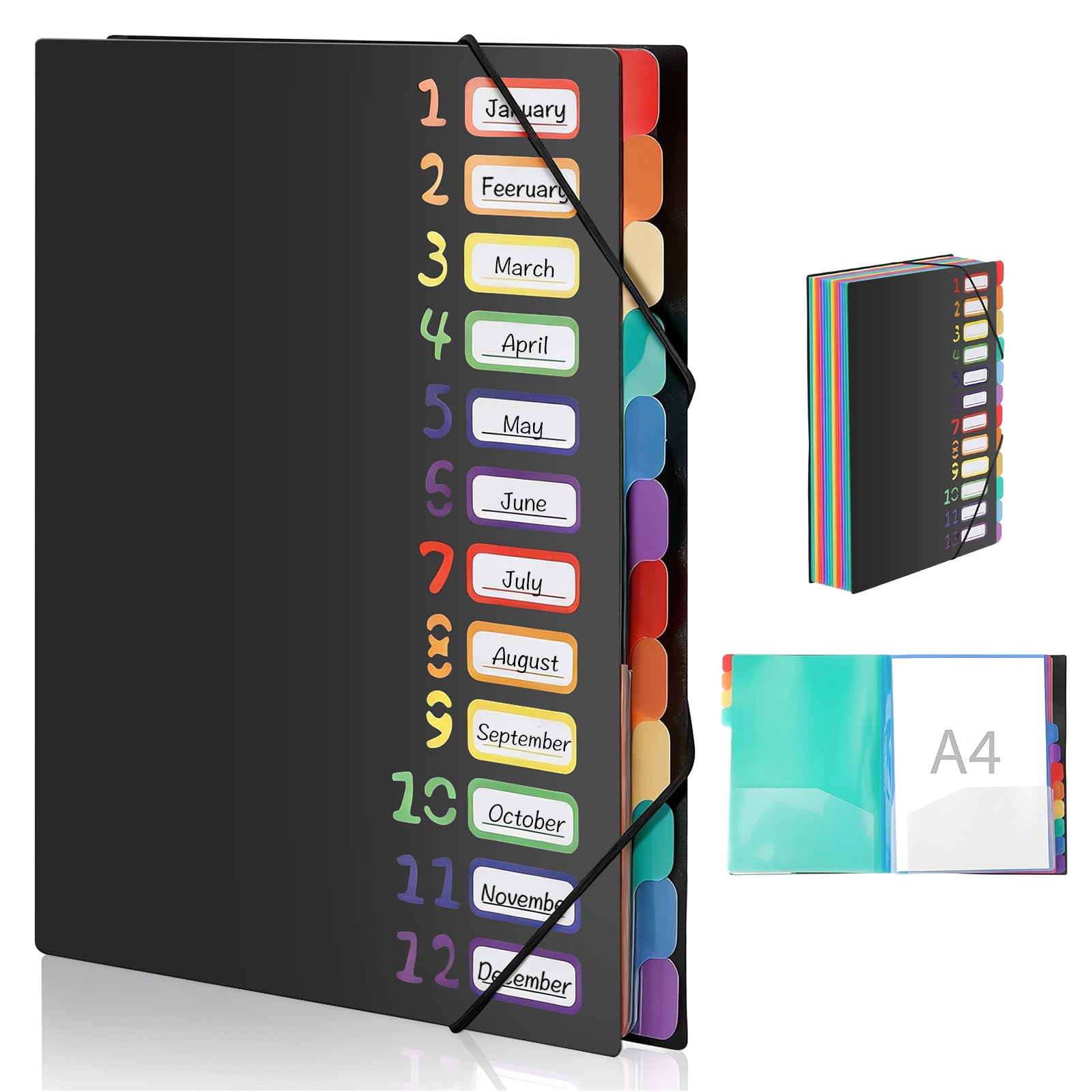 1 Pack Expanding File Folder with 12 Pockets: A4 Accordion Document Organizer with Elastic Closure & Rainbow Tabs, Portable PP Plastic File Holder for Office, School, Home (Black-1 Pack)