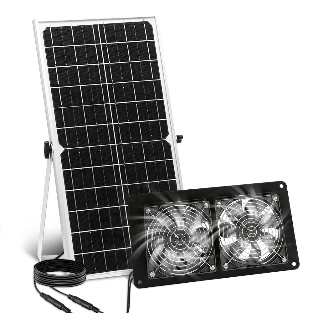 Ventilatore solare da 16 W, con due pannelli solari IP67, impermeabile, doppia ventola DC per pollaio, serre, capanni, cucce per animali domestici, aria di ingresso o scarico (metallo)