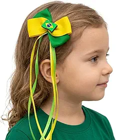 Presilha de Cabelo Laço Brasil com Fita Longa Enfeite Torcida Patriota Kit com 3 Peças