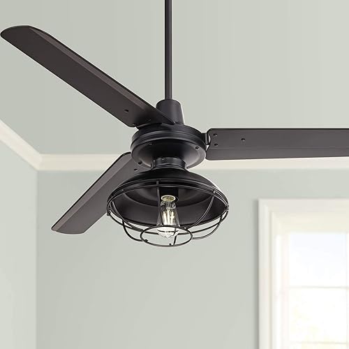 Casa Vieja Ventilador de techo industrial de 3 aspas Plaza de 52 pulgadas con control remoto de luz LED, color negro mate, para patio, exterior,