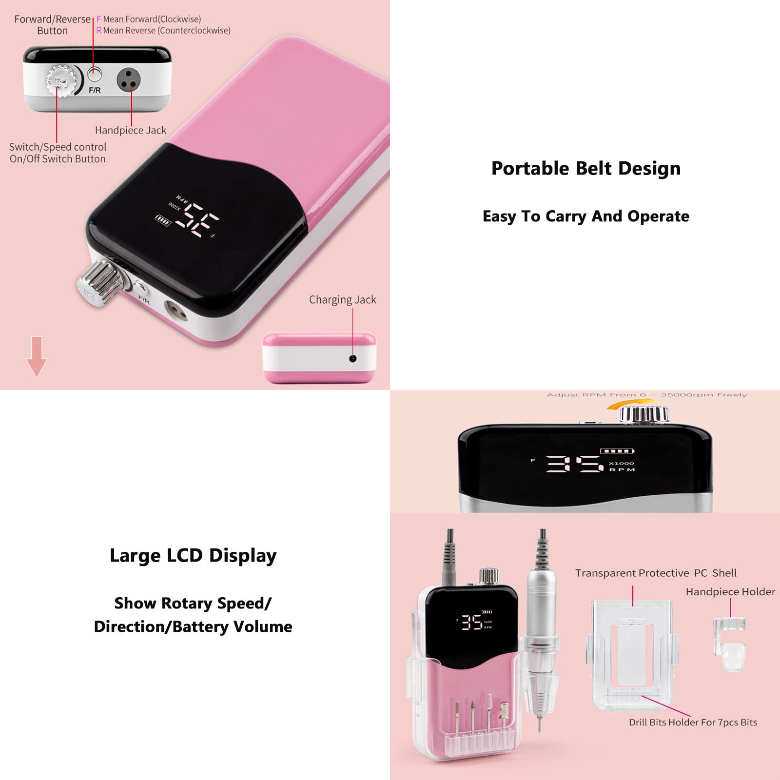 Taladro De Uñas Eléctrico De 85 W, 35000 Rpm, Taladro De Uñas Eléctrico Portátil Profesional, Máquina De Manicura Recargable, Bajo Calor, Bajo Ruido, Baja Vibración,A4