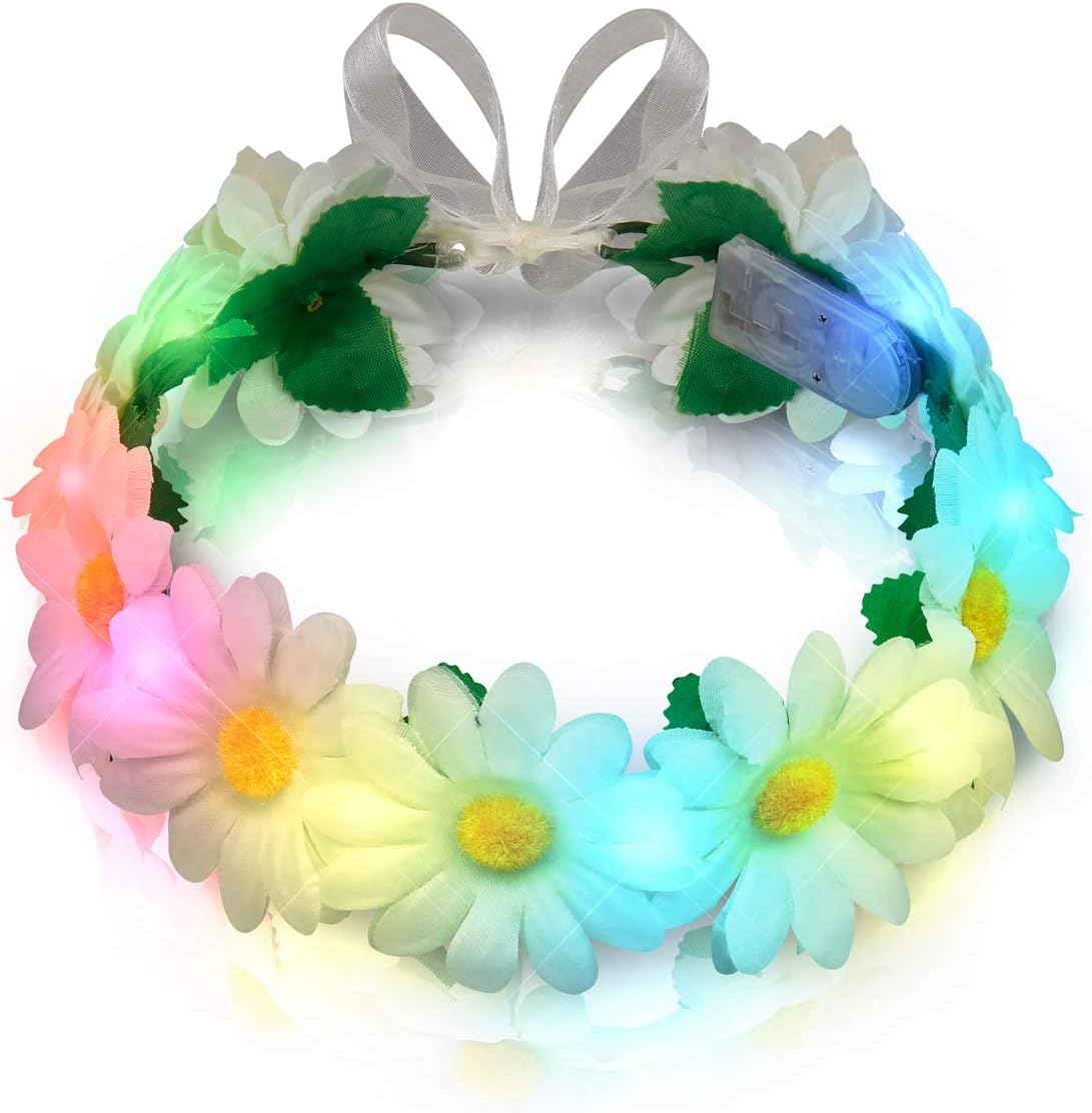 FlashingBlinkyLights White Daisy LED Flower Halo Crown Headband Light Up Belt Sash (Set of 12)