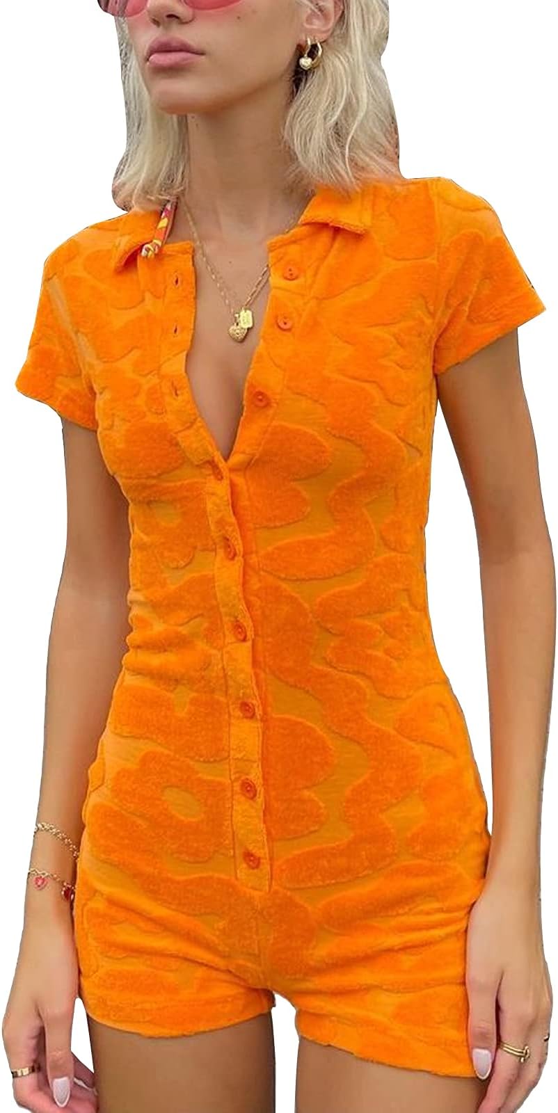Kaipiclos Women Sexy Y2K Short Sleeve Bodycon Jumpsuit Print Pattern Buttons Overalls Playsuit One Piece Rompers