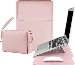 Capa 4 em 1 para Laptop 13,4/14' (34x25,5cm)，Suporte Refrigerador Ajustável,Mouse Pad Integrado,Couro PU Antiderrapante à Prova d'Água com Bolsa de Armazenamento,Compatível com Tablets (Rosa)