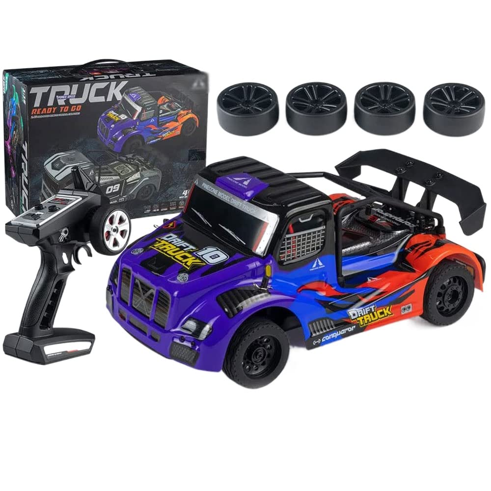 Auto telecomandata in scala 1/16, auto RC per hobby per bambini con luci a LED e pneumatici di ricambio da 4 pezzi, macchinina fuoristrada telecomandata ad alta velocità da 2,4 GHz