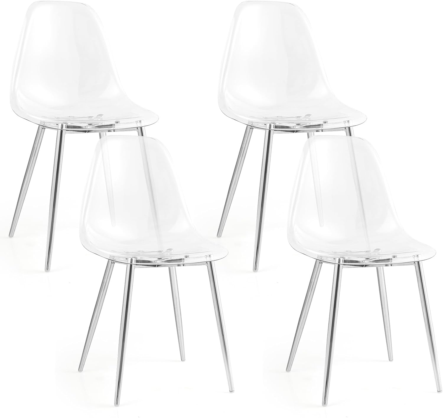GOFLAME Clear Dining Chairs Set of 4, Modern Kitchen Chairs with Transparent Seat, Sturdy Metal Legs, Armless Side Chairs for Dining Room, Bedroom, Living Room, Restaurant, Transparent & Silver
