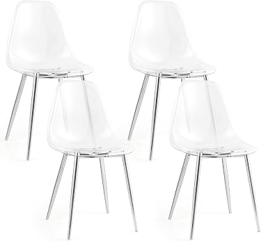 GOFLAME Clear Dining Chairs Set of 4, Modern Kitchen Chairs with Transparent Seat, Sturdy Metal Legs, Armless Side Chairs for Dining Room, Bedroom, Living Room, Restaurant, Transparent & Silver