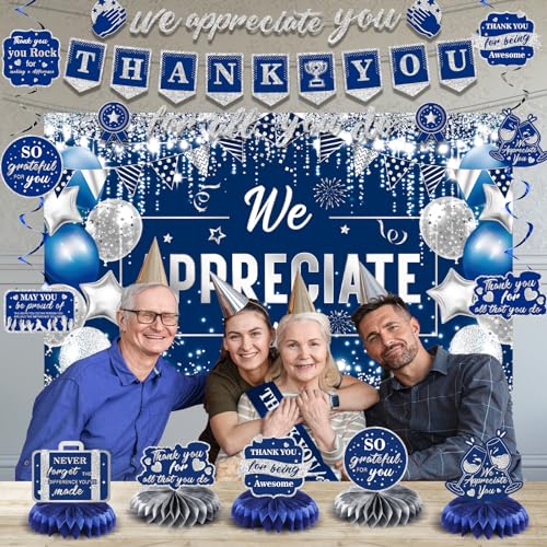 Image of We Appreciate You Banner Decorations Blue Silver Thank You for All You Do Banner Honeycomb Centerpiece Hanging Swirl Employee Staff Appreciation Gifts Teacher Appreciation Christmas Party Decor