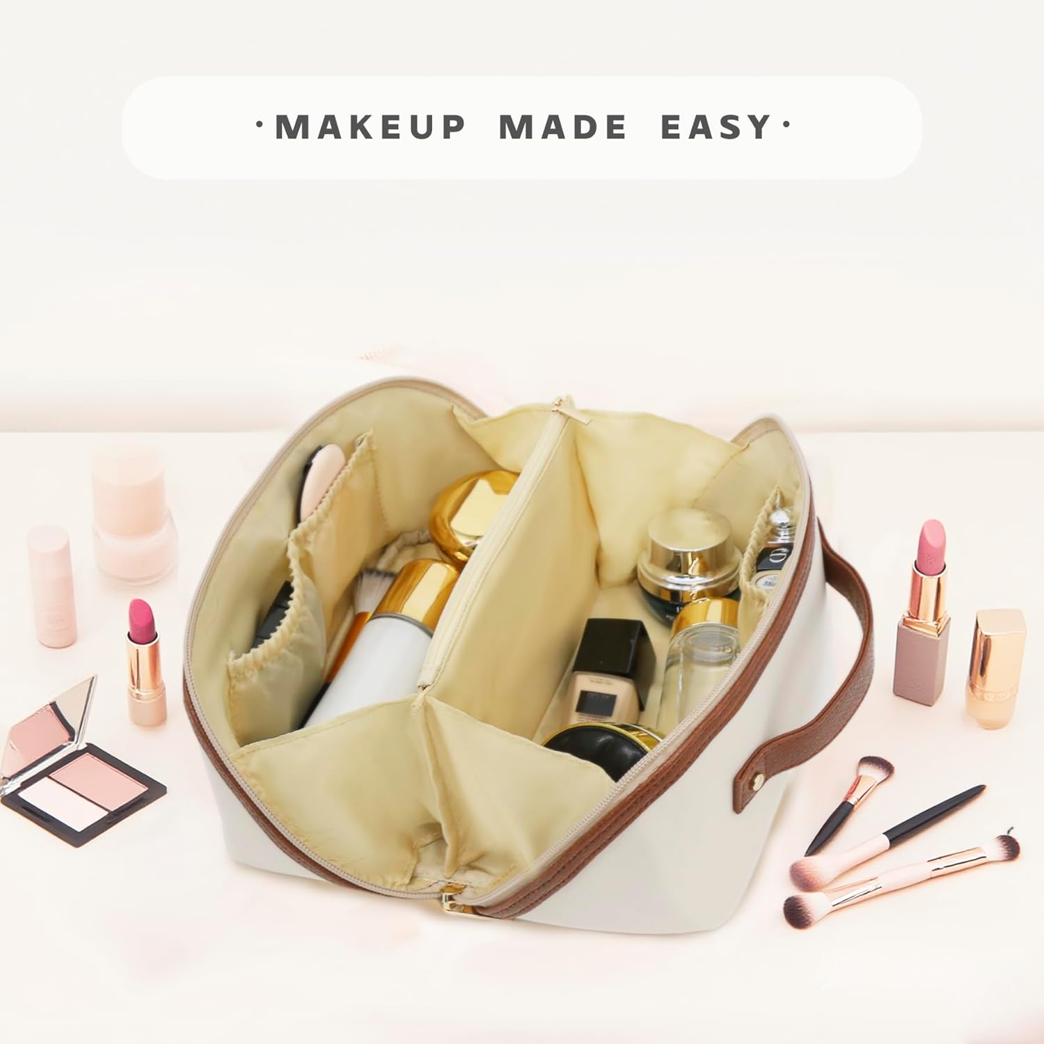 Travel Makeup Bag – Large Cosmetic Organizer with Waterproof Nylon, Smooth Double Zipper & Tear-Resistant Lining, Toiletry Pouch for Women (Beige) - Image 6