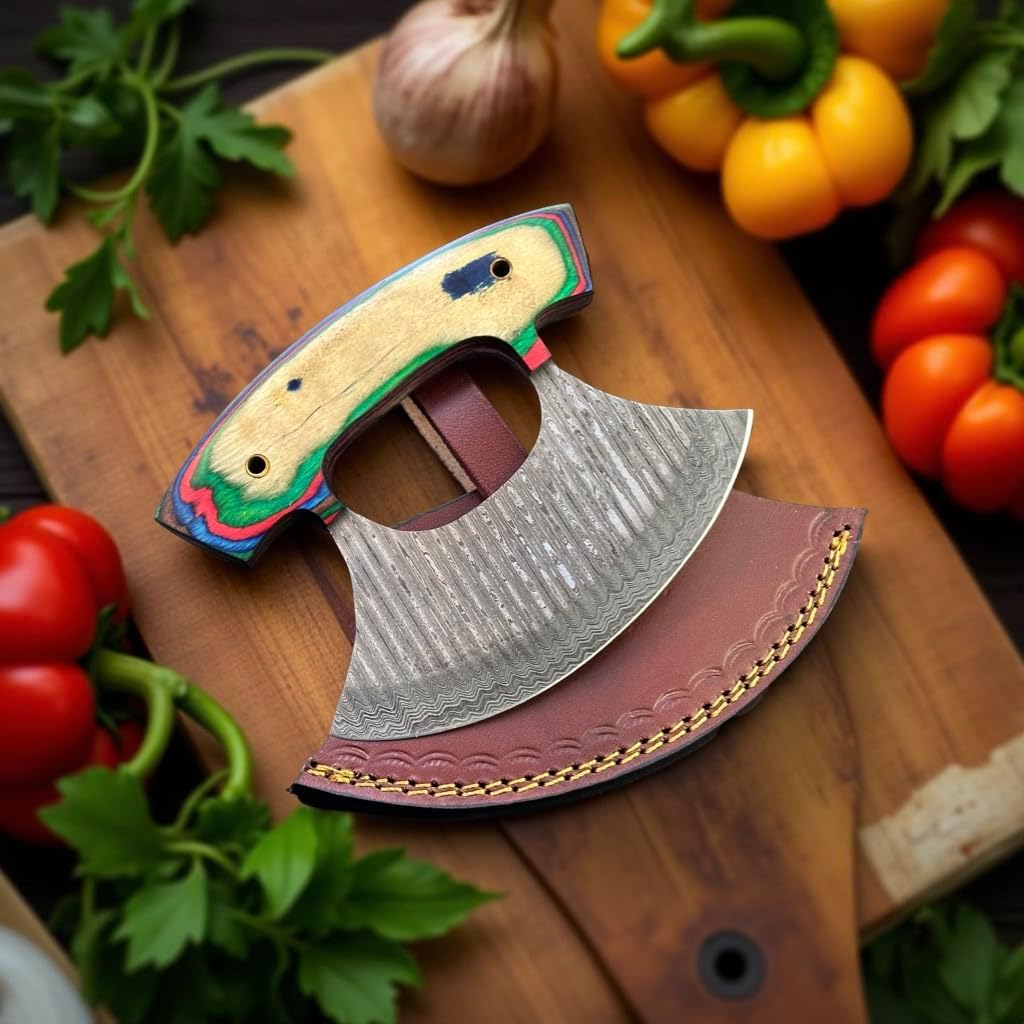 Handmade Ulu Knife with Leather Sheath – Damascus Steel Rocker for One-Handed Cutting | Mezzaluna Knife, Vegetable Chopper, Herb Cutter, Pizza Slicer & Traditional Ulu Made in Alaska Style