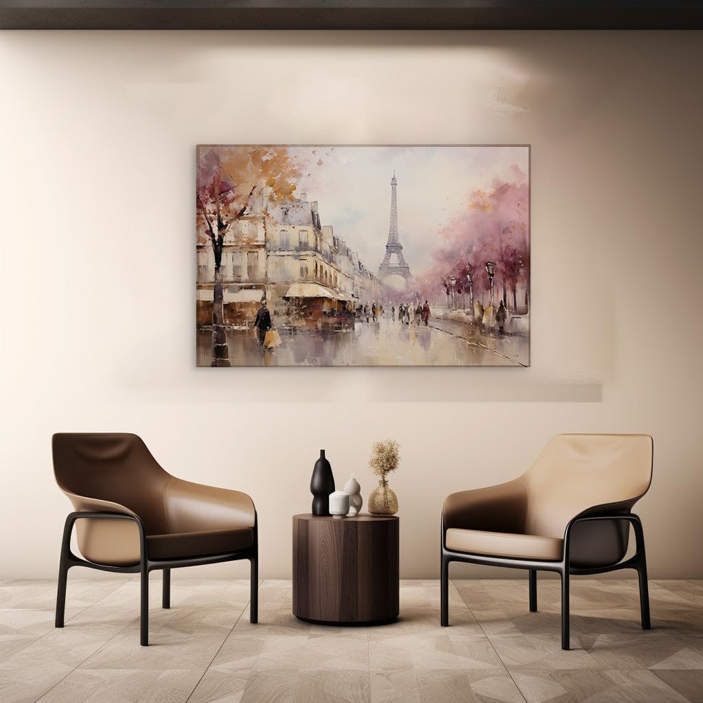 Canvas for Living room. Strolling Through Memory: A Dreamy Parisian Street Scene with the Eiffel Tower, 27 x 18 inch Canvas Wall Art - Contemporary Masterpieces - Inspirational Office Decor